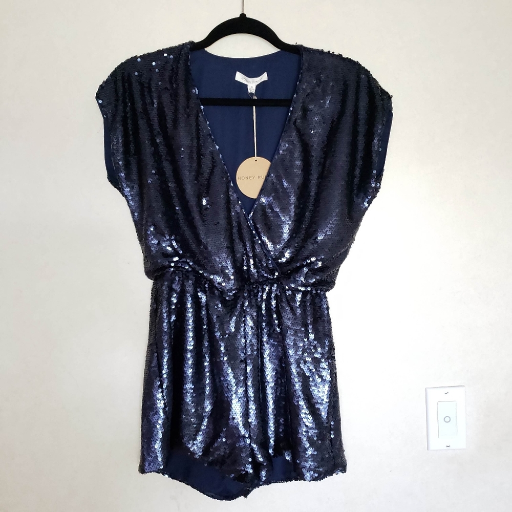 Honey Punch Blue Sequin Short Romper Small